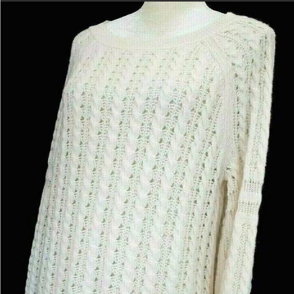 Loft Open Knit Cableknit Sweater Women Ivory White Slit Ribbed Peasant s… - Picture 1 of 11